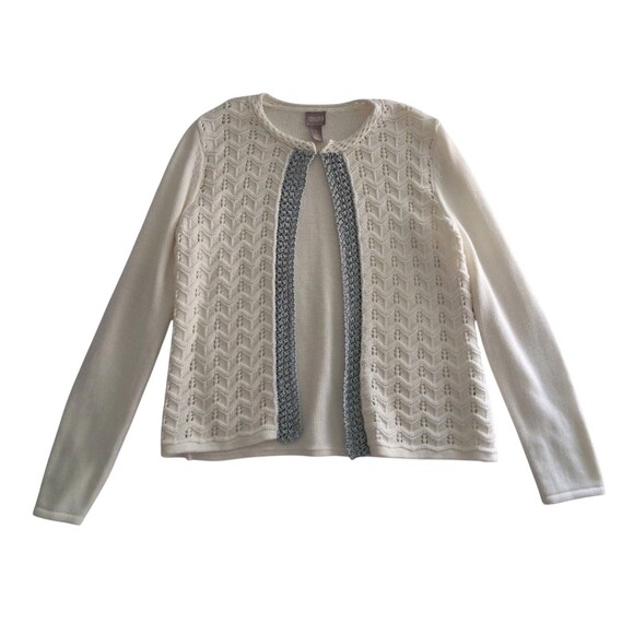 Chico’s Cardigan Sweater Women's 1 Medium Cream Metallic Silver Trim Granny Knit - Picture 1 of 9